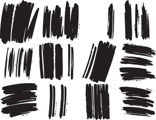 Brush set. Vector black paint brush spots, highlighter lines or felt-tip pen marker. Ink smudge abstract shape stains and smear set with texture