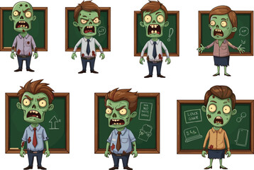Funny cartoon zombie teacher characters, undead school staff, creepy zombie educators, scary classroom zombies, spooky teacher illustrations, Halloween zombie teacher collection
