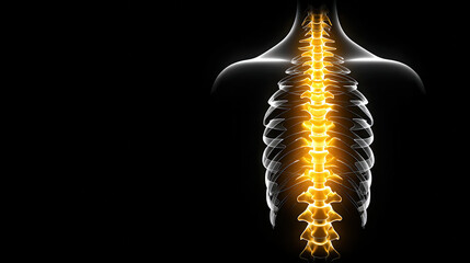 Fototapeta premium Glowing representation of human spine, showcasing vertebrae and spinal canal. image highlights structure and potential narrowing associated with spinal stenosis, evoking sense of medical insight