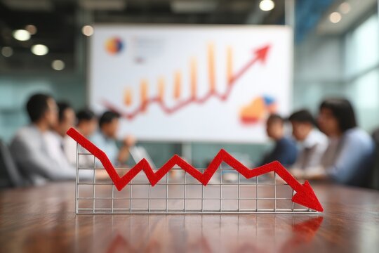 Business meeting with declining graph