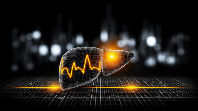 Digital visualization of liver with glowing tumor lesion, showcasing heartbeat line. This represents medical technology and health monitoring, emphasizing importance of liver health