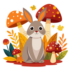 Cute rabbit sitting near autumn mushrooms illustration