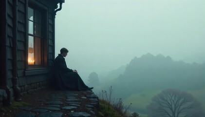 A lone Victorian-era figure sits by a window overlooking a misty, grey landscape, lost in thought The scene evokes a sense of isolation and melancholic beauty , pensive, weather, room