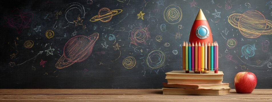 Colorful rocket, pencils, and books on a wooden surface against a chalkboard with space drawings