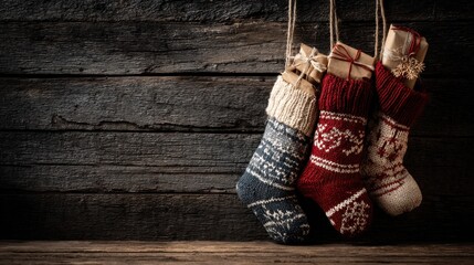 christmas stocking with gifts hanging on dark old wooden background no logos no brands ar 169