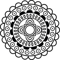 Simple Black and White Mandala with Floral Center and Geometric Patterns