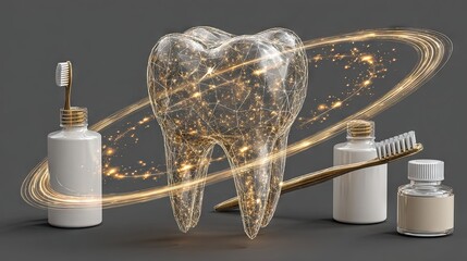 Golden glowing holographic tooth with orbiting light rings surrounded by dental care products on neutral background, symbolizing futuristic oral healthcare branding