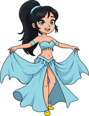 Cartoon belly dancer in blue costume, elegant dance pose, traditional attire, cultural dance concept, animation character, vibrant style, smiling