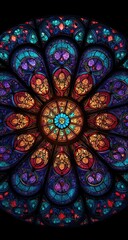 Ornate stained glass rose window with vibrant colors and intricate floral patterns