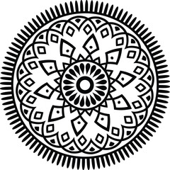Intricate Black and White Mandala Design with Geometric Shapes and Radial Symmetry