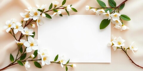 Elegant blank white card framed by white blossoms and greenery on beige fabric ,  overhead,  card