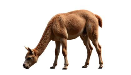 Cute Young Llama or Guanaco Bending Down Isolated on White Background. Adorable baby camelid for animal and nature themes.