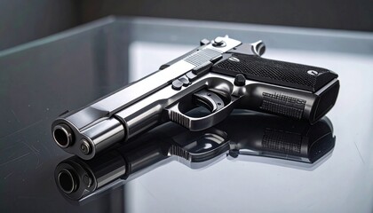 A polished handgun placed on a reflective glass surface, sharp metallic detailing with dramatic studio lighting highlighting its precision design.