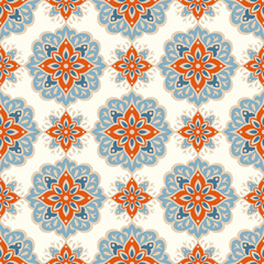 Blue and orange seamless pattern. Ornament, Traditional, Ethnic, Arabic, Turkish, Indian motifs. Great for fabric and textile, wallpaper, packaging or any desired idea. 