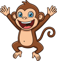 Cartoon happy monkey jumping, cute animal character, jungle wildlife, smiling expression, playful pose, funny illustration, kids design, animated style