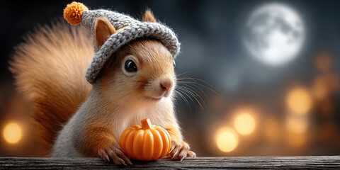 Cute squirrel wearing witch hat holding a small pumpkin next to a lit lantern in a forest at night during Halloween with moon and bokeh lights in the background, 3d render