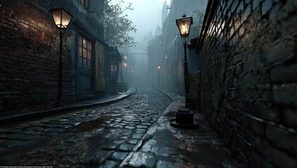 A gloomy, cobblestone alleyway shrouded in mist