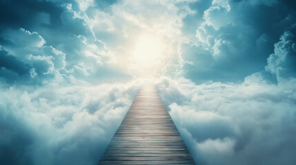 A glowing cloud bridge stretches across the sky in a surreal dream