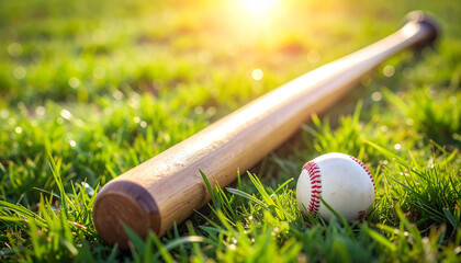 Wooden baseball bat and leather ball lying on fresh green grass. Sport game. Soft natural sunlight