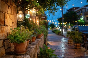 Fototapeta premium Serene Evening Street Scene With Lanterns and Potted Plants in a Cozy Neighborhood