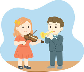 Children playing on music instruments, school performance, concert illustration