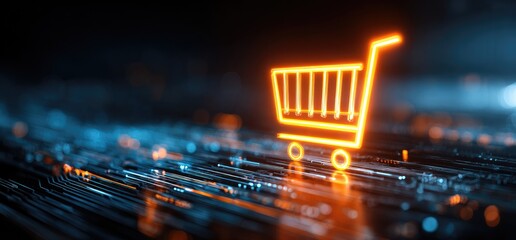 Neon shopping cart icon on a digital circuit board