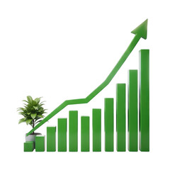 Green bar chart with upward trend arrow isolated on transparent background