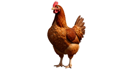 Brown Hen Isolated on White Background. Full-body studio shot of a farm chicken, a domestic fowl for agricultural and food themes, with copy space.