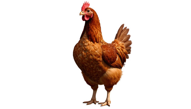 Brown Hen Isolated on White Background. Full-body studio shot of a farm chicken, a domestic fowl for agricultural and food themes, with copy space.