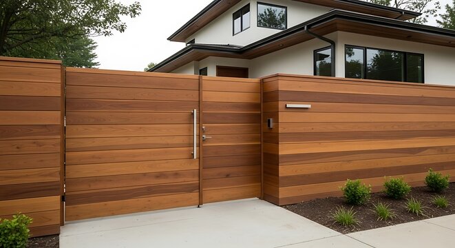 Stylish modern home exterior featuring a custom wood gate and architectural design element