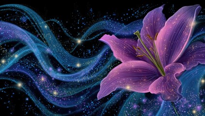 Floral dreamscape with purple lily and cosmic flowing lights on a dark backdrop
