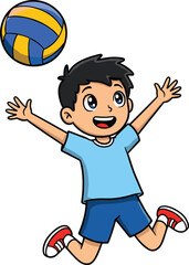 Happy cartoon boy playing volleyball, jumping to hit ball, kids sports illustration, active child character, fun outdoor game concept
