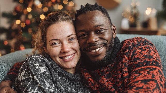 young happy couple embracing and relaxing on comfortable couch lovely multiethnic couple sitting on sofa wearing christmas sweater and hugging african woman and affectionate man near christmas tree n - Powered by Adobe