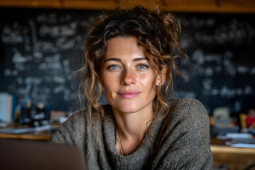 Female young hispanic school math teacher, college ttor coach looking at webca and talking in classroom iving virtual teaching remte class online lesson by oom conference call on lapop computer.