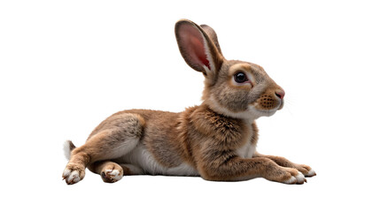 Obraz premium Cute Brown Rabbit Lying on White Background. Adorable furry bunny, isolated side view, perfect for Easter, spring, nature, or pet concepts with copy space.