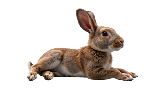 Cute Brown Rabbit Lying on White Background. Adorable furry bunny, isolated side view, perfect for Easter, spring, nature, or pet concepts with copy space.