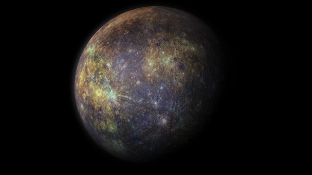 A looping animation video of a cinematic 3D render of the solar system planet Mercury rotating around its axis