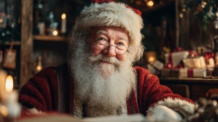 Obraz premium portrait of happy old bearded santa claus wearing hat glasses looking at camera working on christmas eve sitting at cozy home table late with presents tree and candles preparing for holidays no logos