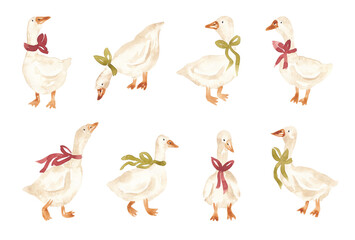 Fun geese in bows clip art. Watercolor goose set. Hand painted design elements for card, banner, invitation © balena