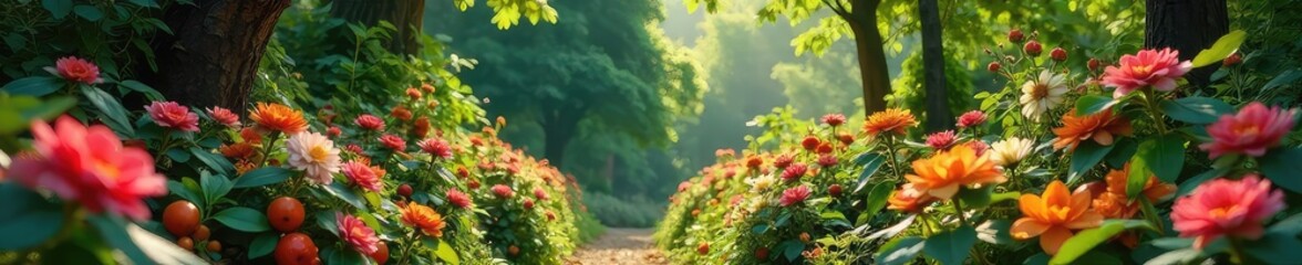 A lush, vibrant garden overflowing with blooming flowers and ripe fruits, symbolizing abundance and growth; a treasure trove of nature's bounty , thriving, prosperity, harvest