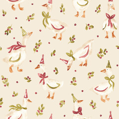 Christmas geese background. Watercolor hand painted seamless pattern for textile, fabric, packaging. Fun xmas goose repeating pattern © balena