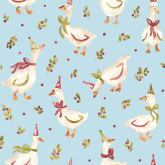 Christmas geese background. Watercolor hand painted seamless pattern for textile, fabric, packaging. Fun xmas goose repeating pattern