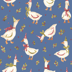 Christmas geese background. Watercolor hand painted seamless pattern for textile, fabric, packaging. Fun xmas goose repeating pattern