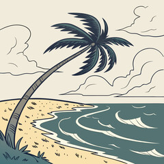 Illustration of a palm tree on a tropical beach with waves, clouds, and sand, creating a serene and inviting scene for vacation and relaxation