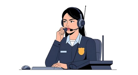 A serious female dispatcher in a uniform and headset is at her desk, working the phone and computer to handle emergency calls.
