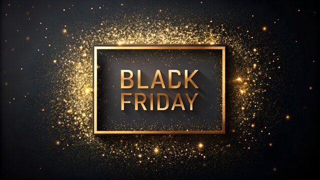 Elegant Black Friday Sale Announcement with Golden Frame and Glittering Particles