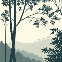 Vector art of a serene bamboo forest landscape with lush green foliage and a peaceful atmosphere, creating a zenlike ambiance
