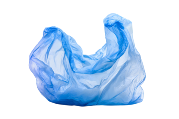 blue plastic bag, symbolizing issue of pollution and its effects on the environment isolated on white background