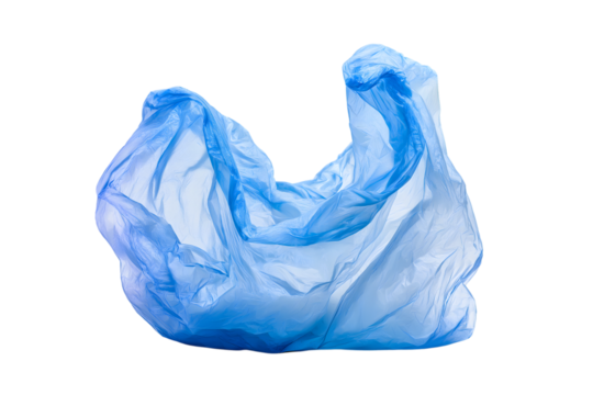 blue plastic bag, symbolizing issue of pollution and its effects on the environment isolated on white background