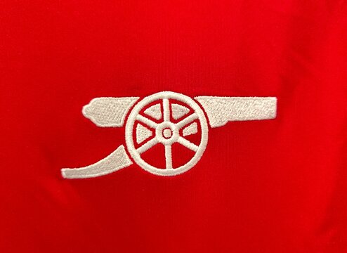 Photo of the Arsenal Football Club emblem, featured on the 2024-25 season home kit. Arsenal is an English football club based in Islington, North London.